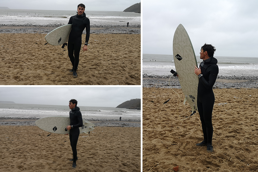 Four photos of surfers in thick black wetsuits carrying boards on a grey, overcast beach